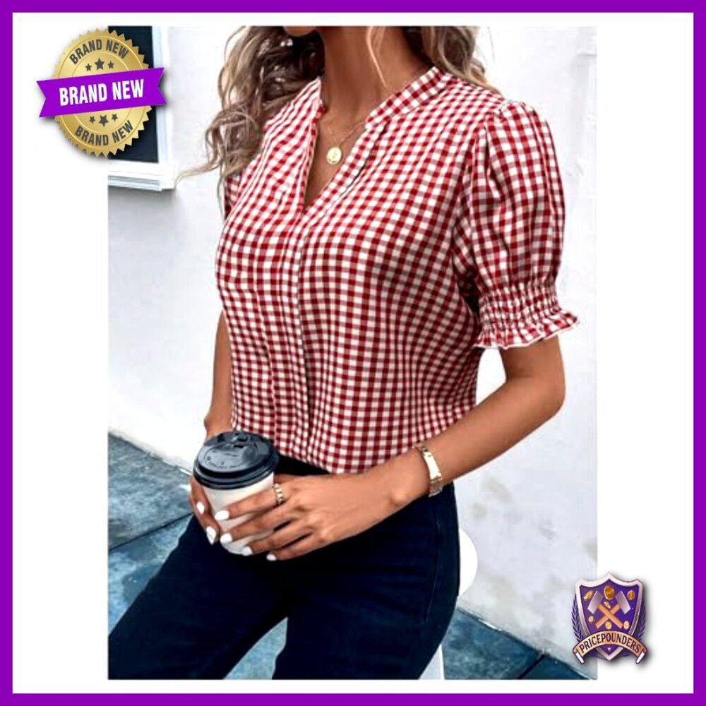 Puff Sleeve Blouse Gingham Print V Neck Dressy Casual Shirt Top Chic - Picture 2 of 4